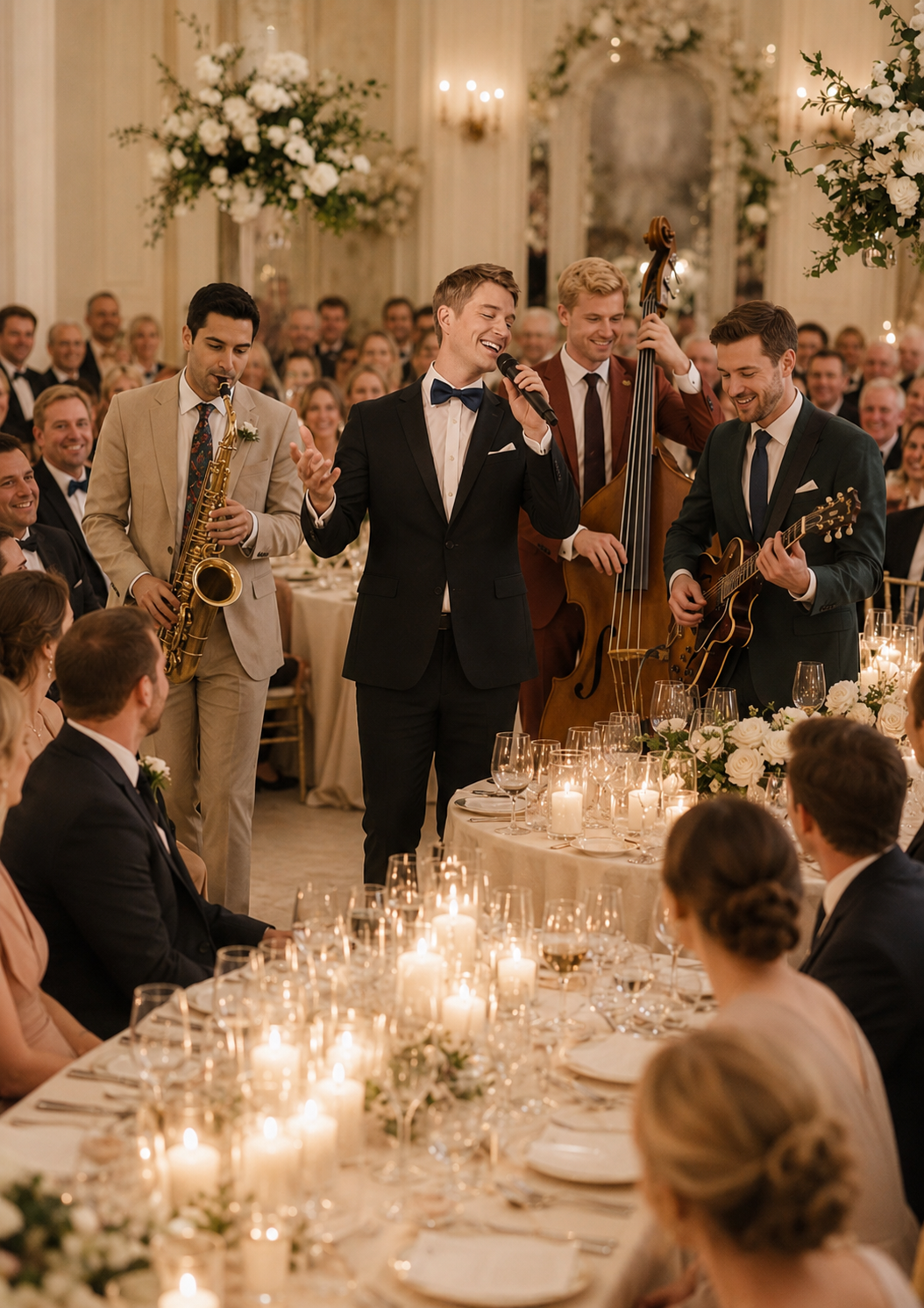 A musician performs intimately among wedding guests